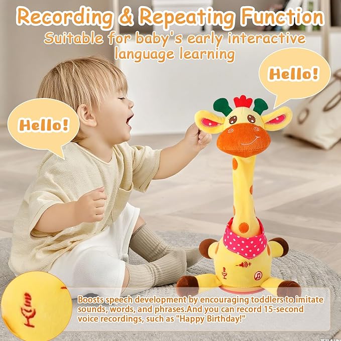 Dancing Talking Musical Giraffe Toy, Tummy Time Toy with Volume Adjustment, Singing Giraffe Stuffed Animal 10 Children's Songs Light Up Toys, Repeating What You Say, Baby Toy