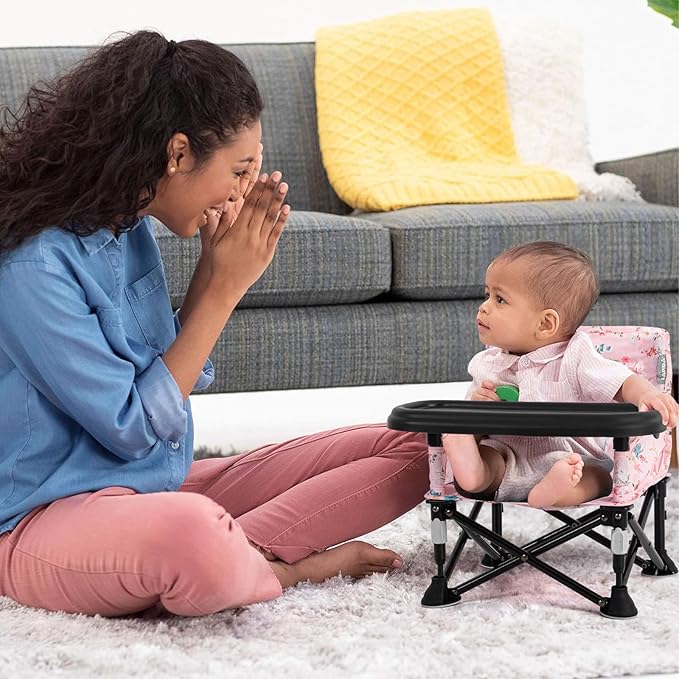 Booster Seat for Kitchen Chair with Removable Tray, Portable Foldable Baby Chair for Babies 6-36 Months, Indoor Outdoor Toddler Camping Chair (Pink Floral Design)