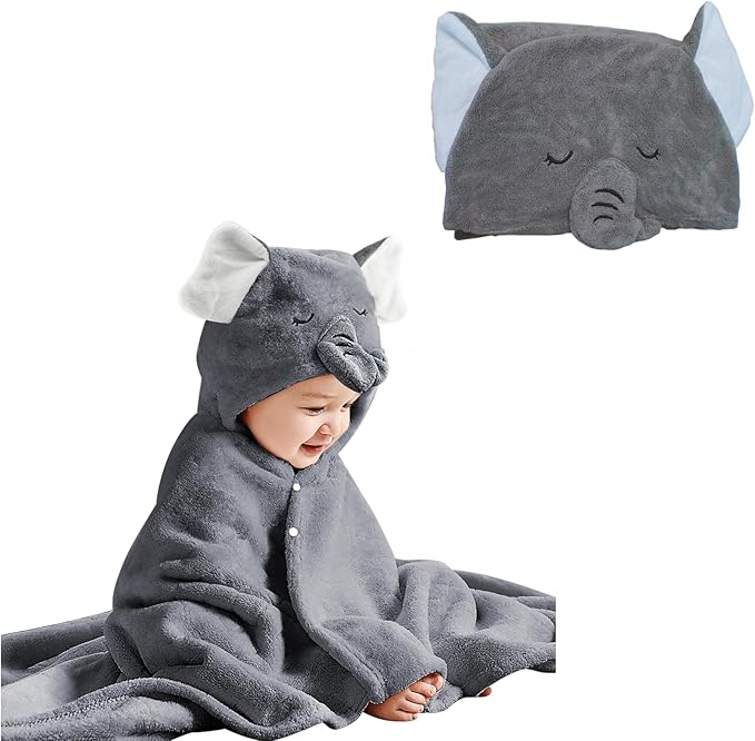 Toddler Bath Towel Baby Towels with Hood 27.5"X55" Ultra Absorbent Soft Bathrobe Blanket Kids Shower Towel for Girls and Boys(Gray Elephant)