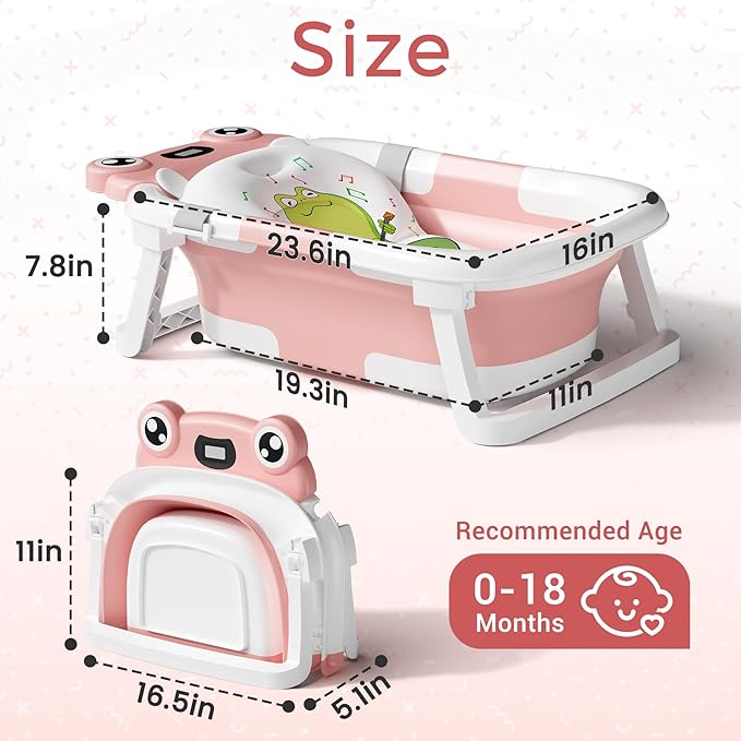Baby Bathtub, Collapsible Newborn Bathtub for Infant to Toddler 0-24 Months with Soft Cushion and Thermometer,Portable Travel Newborn Tub with No-Slip Feet, Baby Shower Gifts,Pink