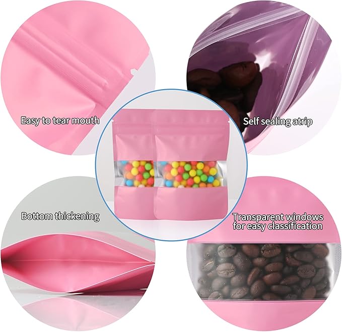 100 Pieces Smell Proof Mylar Bags, Resealable Food Storage Bags with Clear Window, Foil Pouch Stand-up Bags for Food Self Sealing Storage Supplies (Pink, 4 x 6 Inch)