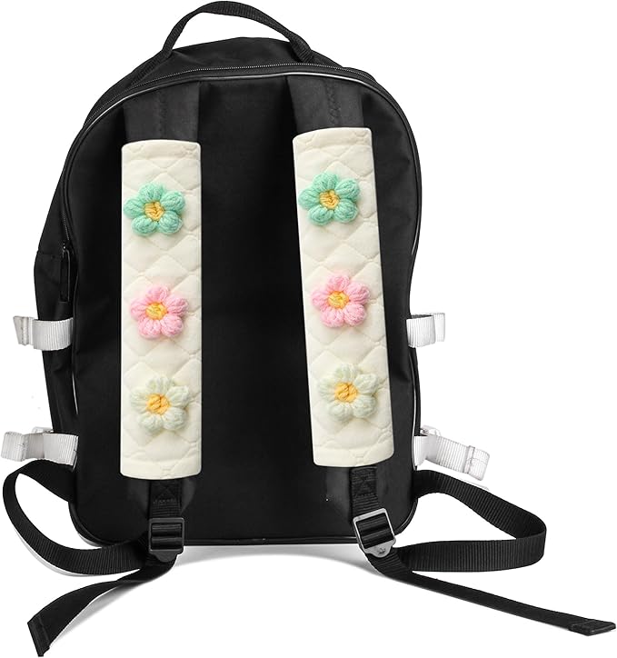 Amooca Soft Auto Seat Belt Cover Seatbelt Shoulder Pad Cushions 2 PCS for a More Comfortable Driving Universal Fit for All Cars and Backpack Off-White Knitted Flower (Green & Pink)