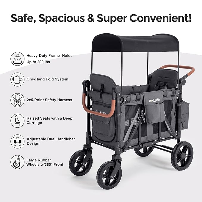 Premium 2 Seater Wagon Stroller for Kids, Foldable All-Terrain Stroller Wagon with Removable Seats, Adjustable 5-Point Safety Harness, Canopy, and Dual Handles, Dark Gray