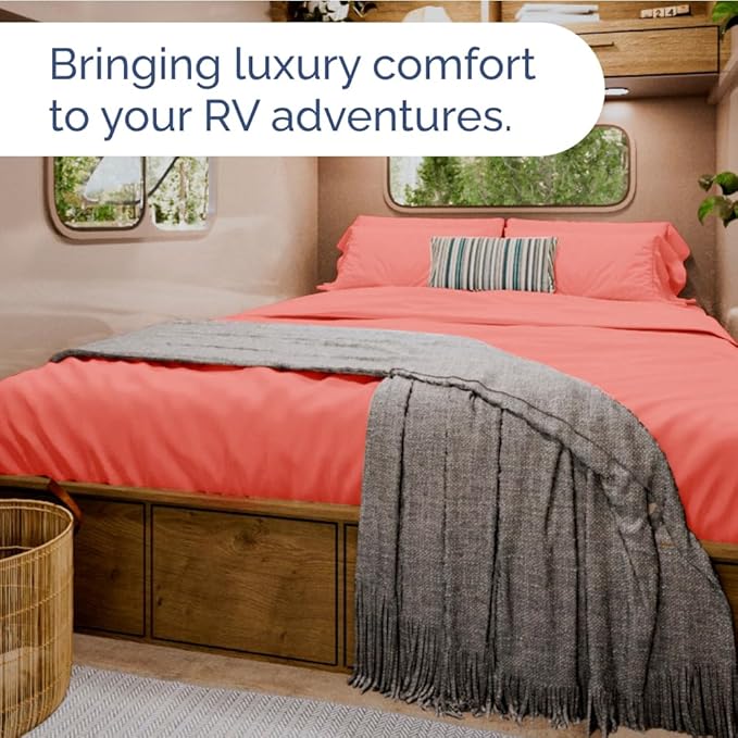 RV Short Queen Sheet Set 60 X 75 - 4 Piece RV Short Queen Bed Sheets - Soft, Breathable & Cooling - Designed for Bunks, Trailers and Campers - Fits 8” to 12" Mattress - Hotel Luxury Bedding - Coral