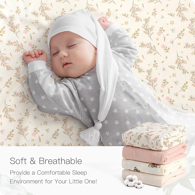 100% Organic Cotton Baby Crib Sheets Muslin 52x28 Inches 2 Pack Soft Fitted Crib Mattress Sheet for Baby Girls, Boho Toddler Bed Sheets Fits Well Standard Size Crib Mattress 28x52 Inches Floral & Pink