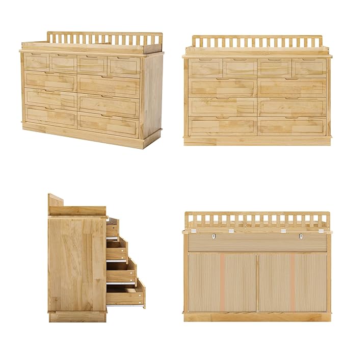 Homsee Baby Changing Table Dresser, 100% Solid Wood Infant Diaper Changing Station Combo, 10-Drawer Baby Nursery Dresser with Removable Tray for Children's Room Bedroom, Nature Color 55.1"W