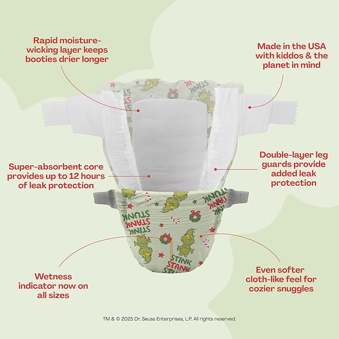 Hello Bello Diapers, Size 3 (14-24 lbs) Dr. Seuss Baby Grinch - 25 Count of Premium Disposable Baby Diapers, Hypoallergenic with Soft, Cloth-Like Feel