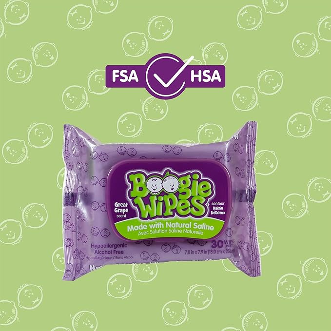 Saline Nose Wipes by Boogie, for Baby & Kids, Face, Hand & Body, Made with Vitamin E, Aloe, and Natural Saline, Grape Scent, 30 Count (Pack of 6)