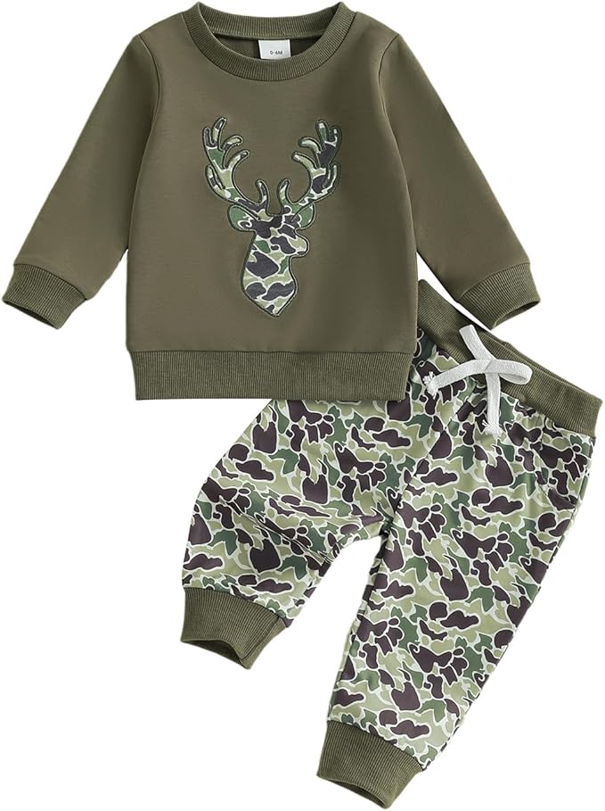 Muineobuka Toddler Baby Boy Hunting Clothes Reindeer Embroidery Sweatshirt and Camouflage Pants Outfits Baby Camo Clothing