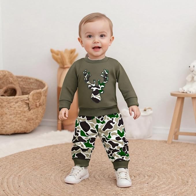 Muineobuka Toddler Baby Boy Hunting Clothes Reindeer Embroidery Sweatshirt and Camouflage Pants Outfits Baby Camo Clothing