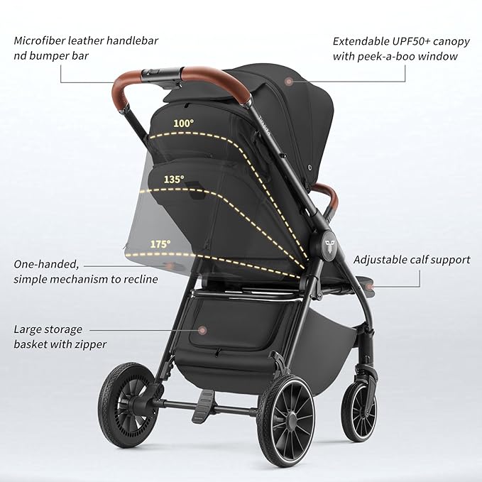 Tinyiota Stroller for Babies,Toddler Strollers with Large UPF 50+ Canopy,Luxury Baby Stroller with Leather Handle & Spacious Seat, One-Hand Foldable Pushchair,Baby Carriage with Lie-Flat Mode(Black)