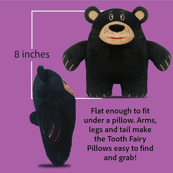 Acorn Black Bear Tooth Fairy Pillow and Book Bundle | 8" Plush with Pocket for Lost Teeth & Hardcover Storybook w/Tracker, Q&A for Boys Girls Children of All Ages
