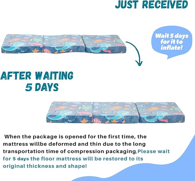 MeMoreCool Foldable Floor Mattress for Kids, Glow Trifold Mat, Kids Folding Mattress Portable Futon, 57x22 Inch Blue