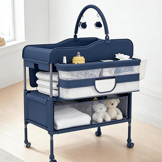 Folding Baby Changing Table Portable with Waterproof Pad, Adjustable Height Changing Station with Storage Drawers, Mobile Nursery Organizer for Newborn Infant Baby, Blue