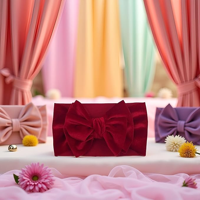 JJLFresheners Red Baby Girls Bow Headbands Stretchy Velvet Hair Bows Headbands Solid Color Wide Turban Knotted Big Bow Elastic Hairbands Headwraps Hair Accessories for Newborn Infant Toddlers