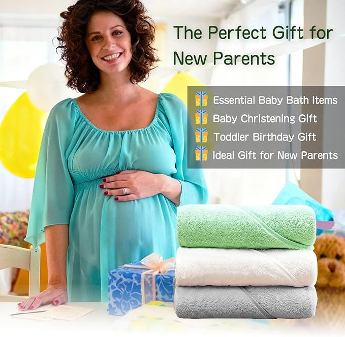 12 PCS Hooded Baby Towel Set, 32x32 Inch Absorbent Baby Bath Towels, 3 PCS Soft Hooded Towels & 9 PCS Washcloths, Unisex Baby Gift Set for Newborns, Babies, Toddlers (Green + Gray + White)