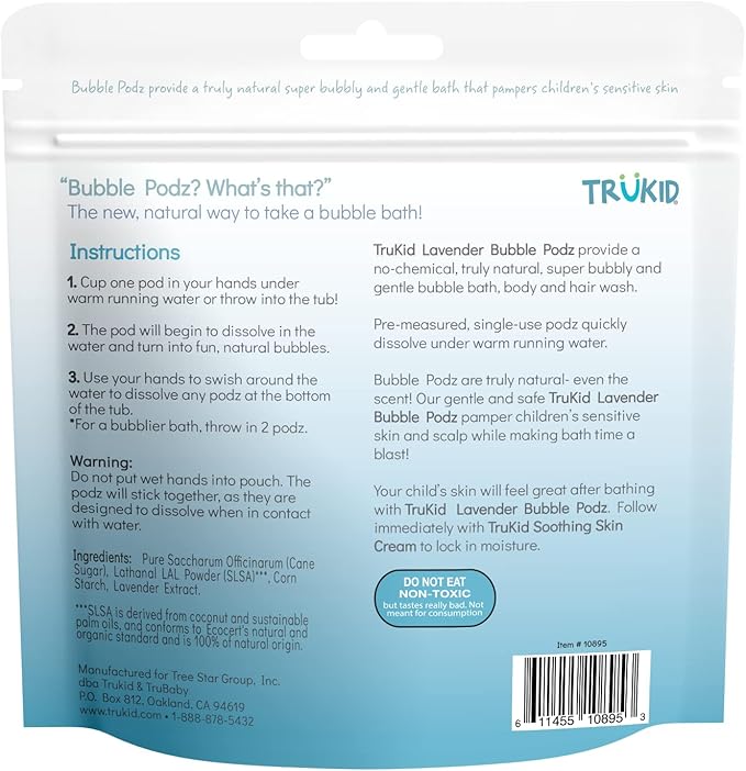 TruKid Bubble Podz Bubble Bath for Kids, Toddlers, & Babies, Tear Free Gentle & Refreshing Bath Bomb for Sensitive Skin with Natural Moisturizers, Non-Toxic, pH Balanced, Lavender Scent (10 Podz)