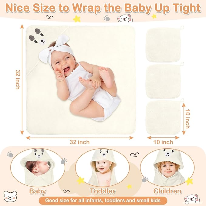 4 Pcs Baby Towels Set, 32x32 in Hooded Bath Towel and 3 Pcs Baby Washcloths for Newborns, Toddlers, and Kids, Soft Baby Towels and Washcloths Set for Boys and Girls (White Bear)