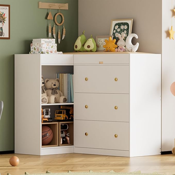 Modern Nursery Changing Table Dresser,Corner Baby Dressing Table with 5 Drawers,2 Open Storage Racks,Multi Functional Diaper Changing Station for Children's Rooms,for The Nursery, White