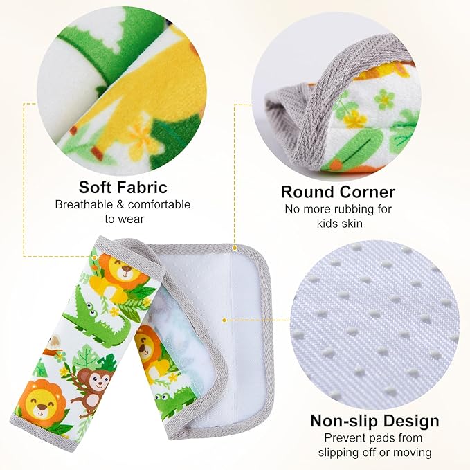 Seat Belt Cover Pad for Baby, Soft Seatbelt Cushion Covers for Kids 2Pcs Car Seat Strap Shoulder Pads for All Car Seats, Stroller, High Chair,Green Zoo