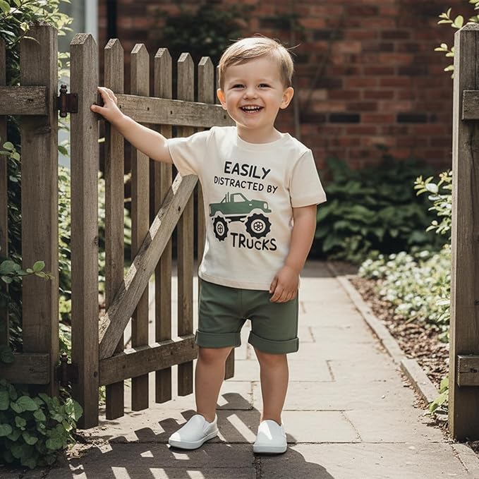 WZTYYDS Toddler Baby Boy Summer Clothes 2T 3T 4T 5T Boys Outfit Letter Truck Short Sleeve T-Shirt Tops + Shorts Set