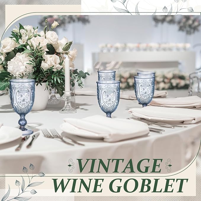 6 Pcs Plastic Goblets 7.5oz Vintage Goblet Plastic Wine Glasses Colored Retro Embossed Water Goblets for Wine Bar Juice Baby Shower Wedding Reception Grand Event Party (Blue)