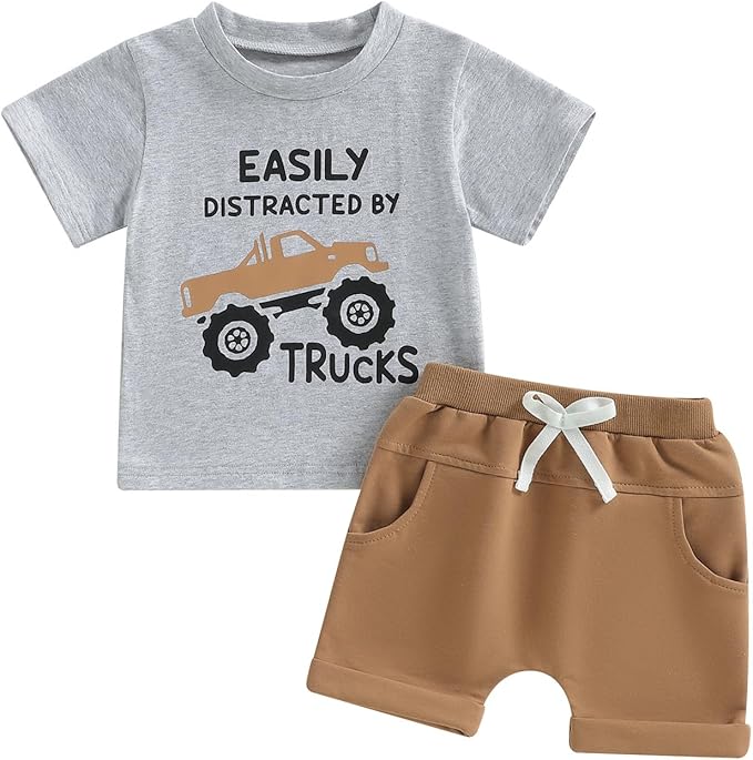 Toddler Baby Boy Clothes Summer Short Sleeve Trucks Tractors Print T-Shirt Tops Solid Color Shorts Set Casual Outfit