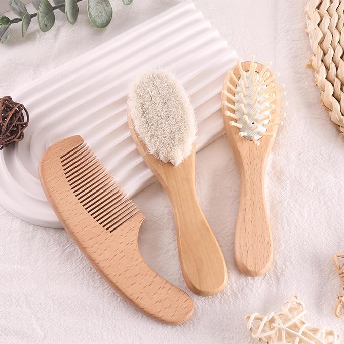 Wooden Baby Brush and Comb Set 3-Piece Beech Wood Flat Comb, Basswood Brushes with Soft Wool Bristles & Bamboo-Air Cushion Comb - Gentle Ideal Baby Gift