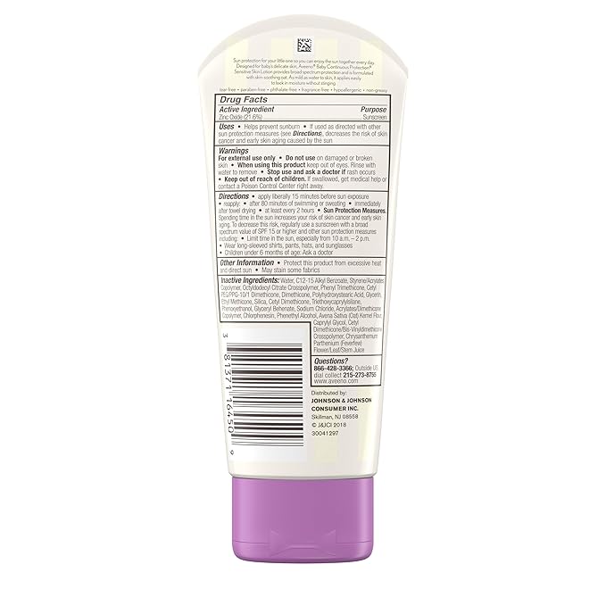 Aveeno Baby Continuous Protection Zinc Oxide Mineral Sunscreen Lotion for Sensitive Skin, Broad Spectrum SPF 50, Tear-Free, Sweat- & Water-Resistant, Paraben-Free, Travel-Size, 3 fl. oz