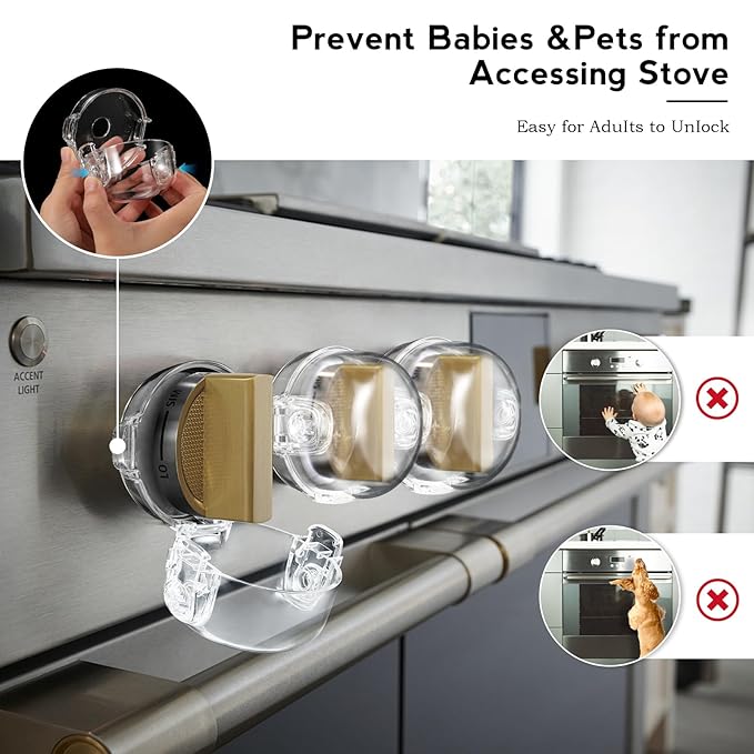 Stove Knob Safety Covers, for Knob Diameter Less Than 2.4", Dual Grip Safety Shield, Unlock with Adult Hand, Press Gas Stove Knob Locks, Oven Lock Knob Covers for Child Safety, Clear, Pack of 5