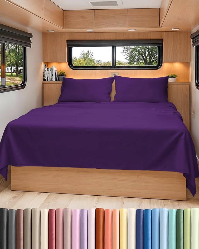 RV Short Queen Sheet Set 60 X 75 - 4 Piece RV Short Queen Bed Sheets - Soft, Breathable & Cooling - Designed for Bunks, Trailers and Campers - Fits 8” to 12" Mattress - Hotel Luxury Bedding - Purple