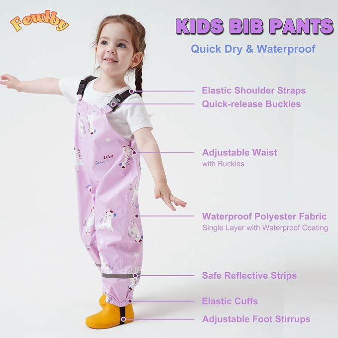 Toddler Waterproof Rain Bib Pants, Girls Rain Pants Kids Cartoon Rain Trousers Lightweight Mud Pants Rainwear