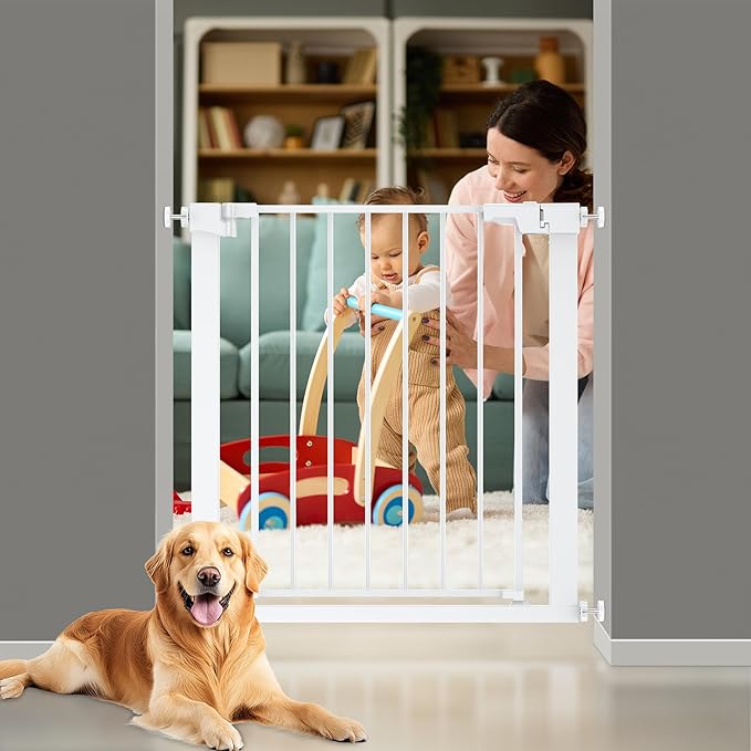 29-32 inches Metal Baby Gate for Stairs/Doorways, 30 inches Tall Pressure Mounted Pet Gates, Auto-Close Child Safety Gate, No Drilling Easy Walk-Through Dog Gate Indoor, White