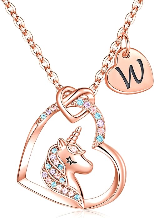 Hidepoo Valentines Gifts for Kids Girls - Unicorn Necklace Gifts for Teen Girls Kid, Colorful CZ Heart Pendant Initial Unicorn Necklaces for Girl Jewelry Birthday Gift for Girl Kid