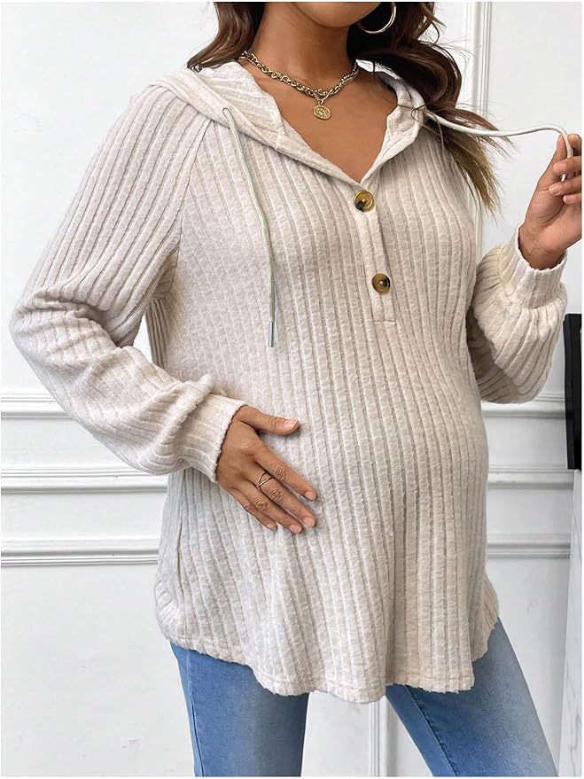 Women's Maternity Half Button Sweatshirts Long Sleeve Ribbed Knit Pregnancy Shirt Spring Clothes