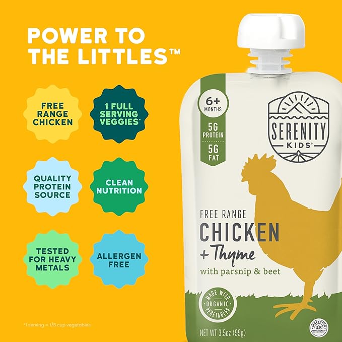 Serenity Kids 6+ Months Baby Food Pouch - Chicken & Thyme - 5g Protein Baby Meat Pouch - Organic Parsnip & Beet Puree - Savory Toddler Snacks - 3.5 Oz, 6 Pack