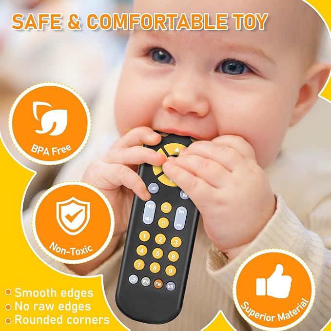 Baby TV Remote Control Toy 6 Month+, Toddler Realistic Remote Toy with Sound and Light, Early Educational Music Toys with 3 Languages English French Spanish for Infant Boys Girls 6 12 18 months