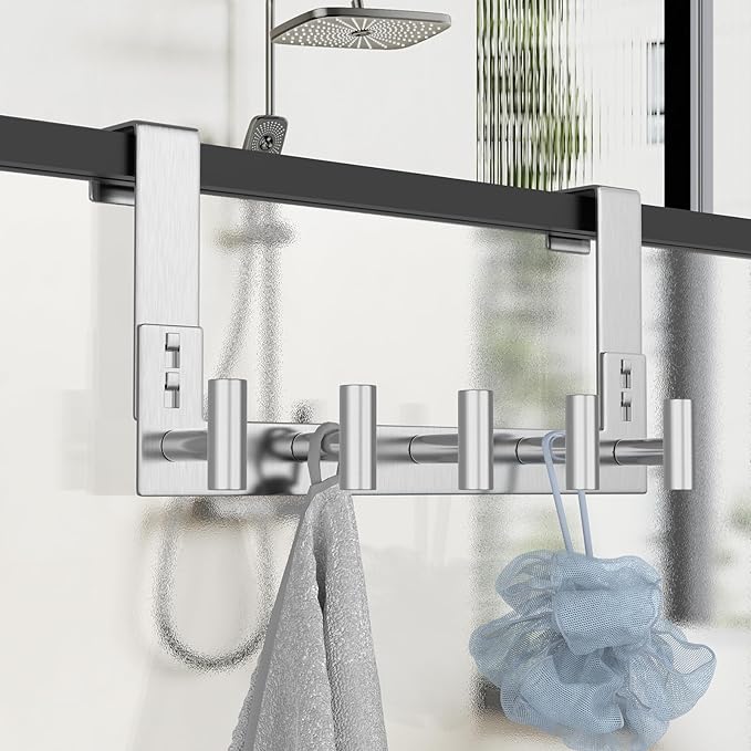 PMMASTO Over The Door Hooks, Door Hanger Hook for Hanging, Coat Rack Organizer for Bathroom, Towel Holder Bathroom Accessories (Silver 5 T-Hooks-Fits 1-3/4" Thick Door)