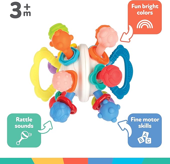 Nuby Twist Ball Teether Activity Toy with Rattle and Fun Bright Colors - Montessori Sensory Toy Develops Fine Motor Skills - 3 + Months