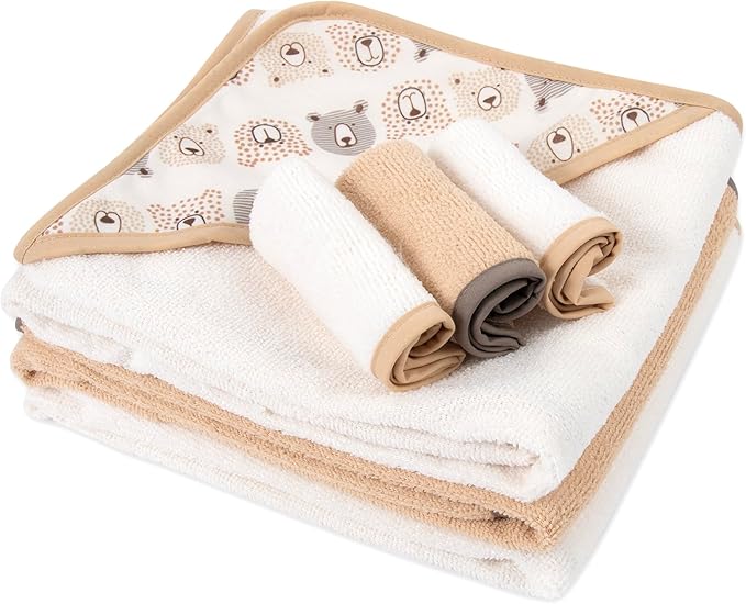 Hooded Baby Bath Towel and Washcloth 6 Piece Set for Newborns, Infants & Toddlers, Boys & Girls Baby Hooded Towels Set (Teddy Bears & Stripes)