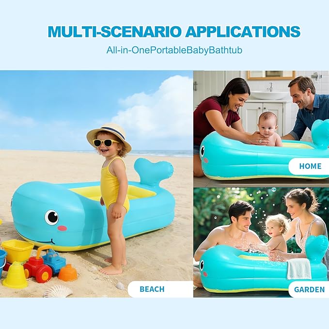 Inflatable Baby Bathtub in Whale | Portable Travel Baby Bathtub for Infants | Lightweight, Leakproof, and Foldable Baby Bath | Ideal for Travel and Home