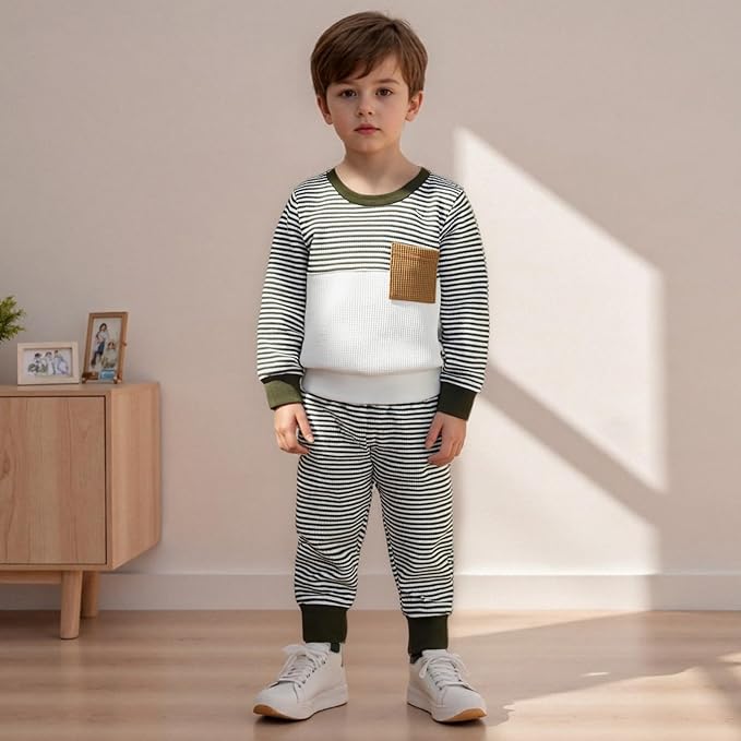 Toddler Baby Boy Fall Outfit Long Sleeve Crew Neck Contrast Color Sweatshirt Top Pant Cute Newborn Infant Waffle Clothes