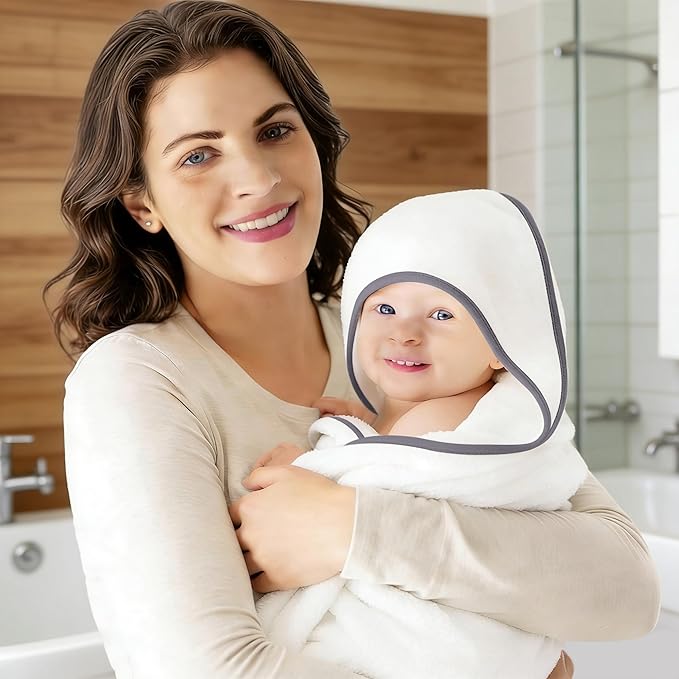 2 Pack Baby Bath Towel Rayon Made from Bamboo (White and Dark Grey, 37.5 x 37.5 Inch)