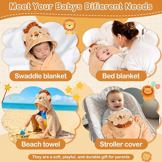 4 Pcs Baby Towels and Washcloths Set, Soft Hooded Bath Towel, 1 Baby Towel and 3 Baby Washcloths for Newborns, Toddlers, and Kids, 32x32 inch Baby Towel with Hood for Boy and Girl (Brown Lion)