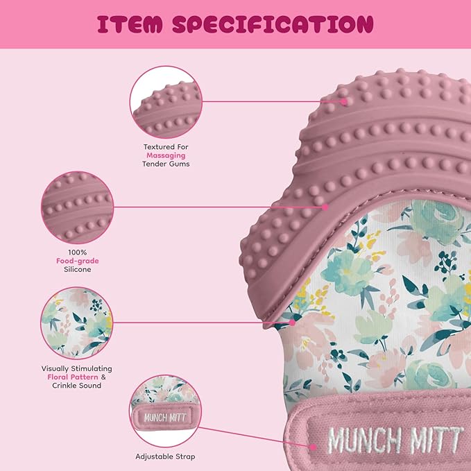 Malarkey Kids Patented Teething Mitten, Munch Mitt Baby Chew Toy - Protects Hands from Chewing & Saliva, Heals Aching Gums, Promotes Sound & Visual Stimulation for Babies - Pink Floral