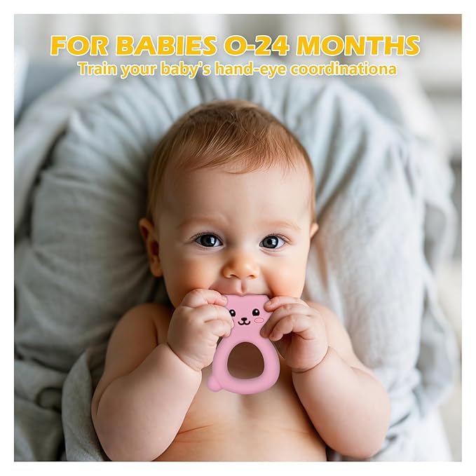 Baby Bunny Teether, Food-Grade Silicone Toy for Infants 3–12 Months, Easy-Grip Chew Toy with Textured Ears for Sensory Exploration, Freezable & Dishwasher Safe (Pink)