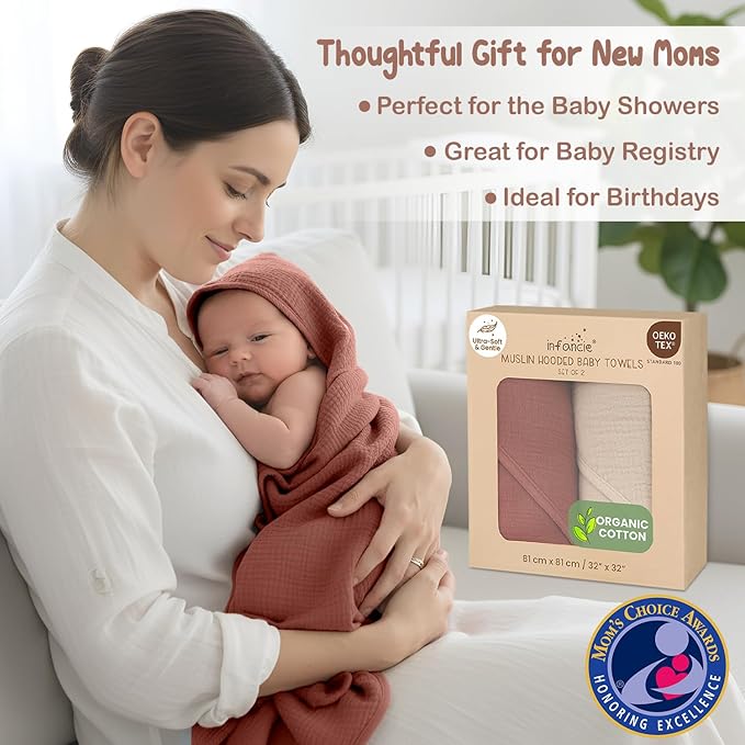 100% Organic Cotton Muslin Baby Hooded Towels 32x32 Inch – 2 Pack Soft & Absorbent Newborn Bath Towels for Boys & Girls, Premium Hooded Towels, Ultra-Gentle Baby Essentials in Rust/Ivory