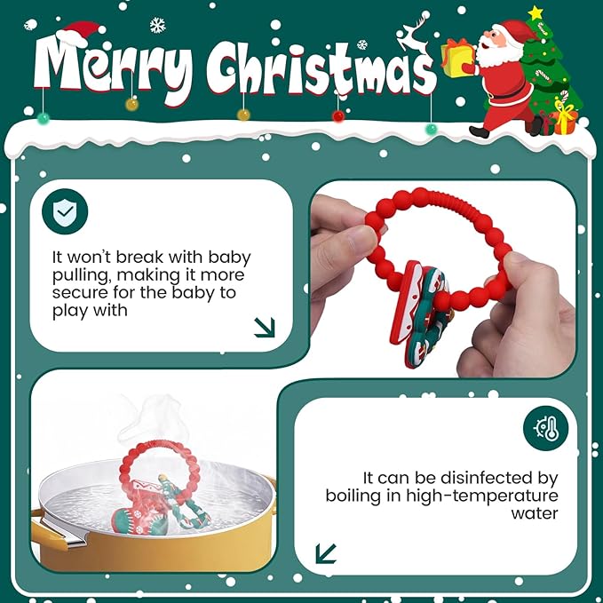 Silicone Baby Ring Toy with Christmas Stocking and Tree Teethers,Must Haves Teething Relief Chew Toys for 0-6,6-12 Months Boys and Girls,Newborns Essentials,Safe and Soft,BPA Free.