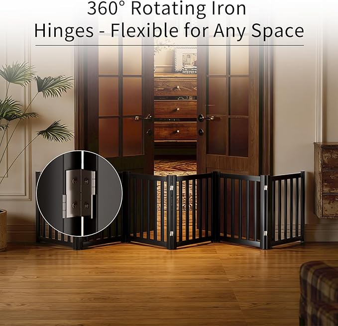 6-Panel Solid Wood Dog Gate - Freestanding Folding Pet Gate for Doorways, Stairs, Indoor, 24" Height, No Installation Needed, Black