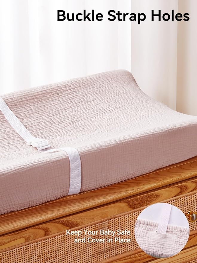 TILLYOU Muslin Changing Pad Cover for Baby Girls Boys, Soft and Breathable Cotton Diaper Changing Table Cover, 2 Pack(Pink&Apricot)